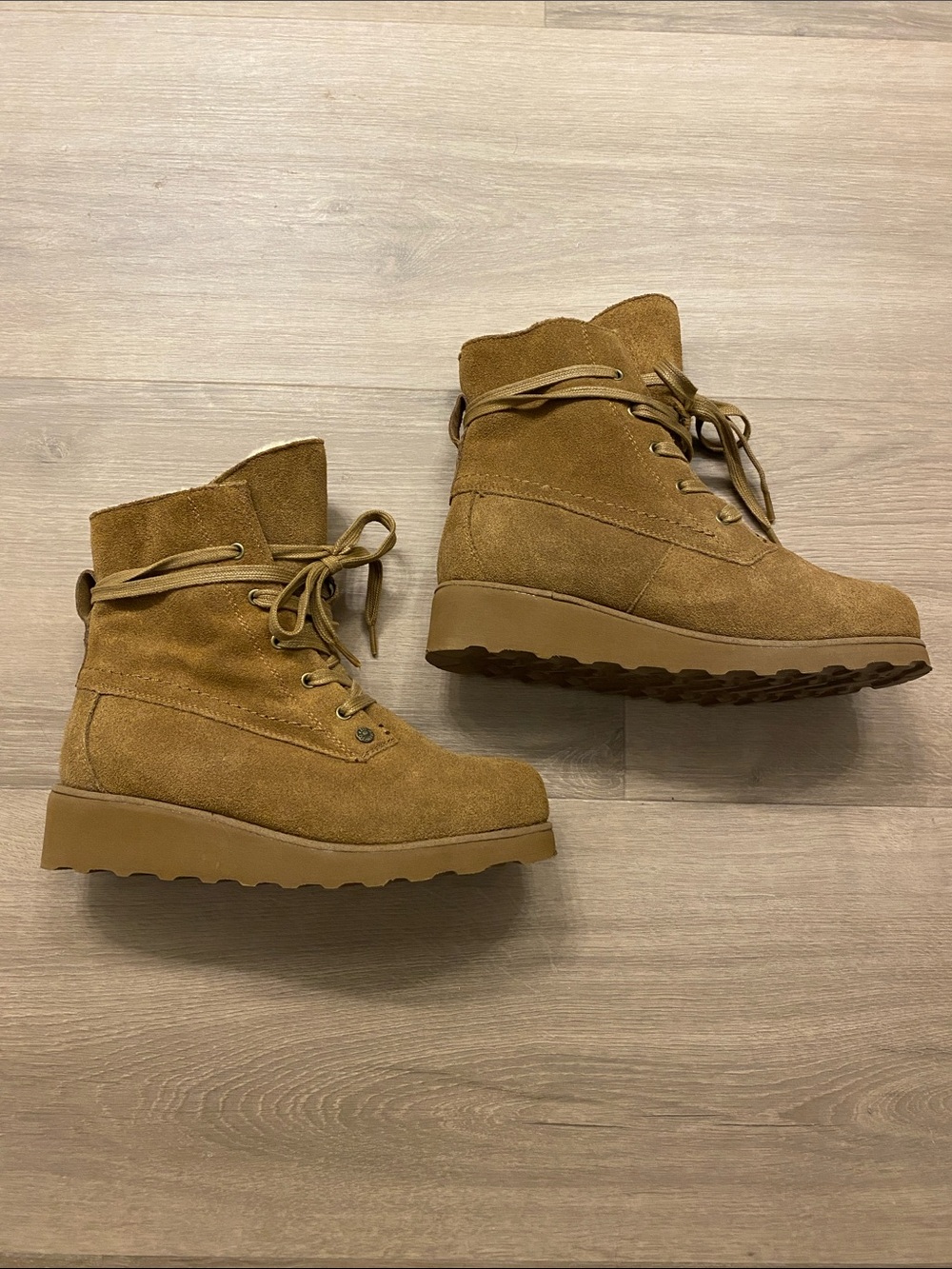 BearPaw Women's Cognac Suede Lace-Up Wedge Ankle Boots - NWOT